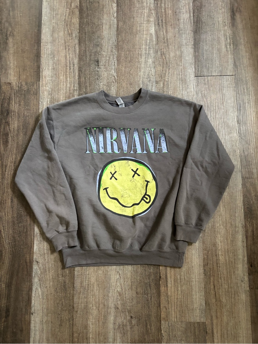 Gildan Gray Crewneck Sweatshirt with Yellow Nirvana Smiley